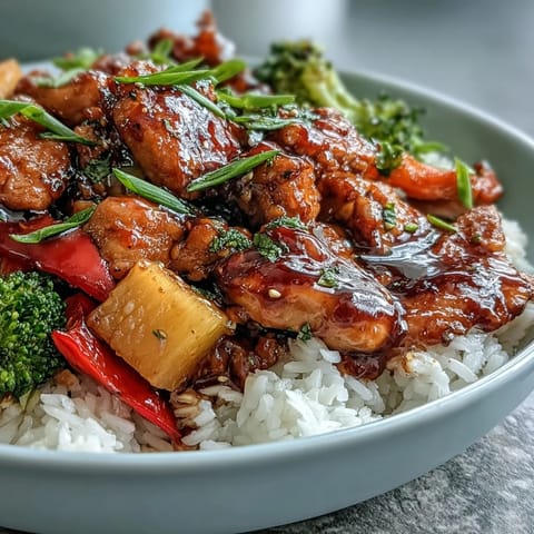 Tender chicken glazed in sweet and savory teriyaki sauce over fluffy rice with stir-fried vegetables and fresh pineapple garnish.