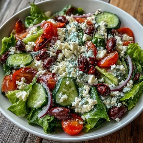 Vibrant Greek Salad Bowl topped with crumbled feta and briny Kalamata olives, tossed in a zesty vinaigrette.