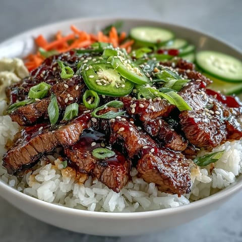 A vibrant Korean Beef Power Bowl with fluffy rice topped by marinated beef, pickled carrots, crisp cucumber, and spicy jalapeños.