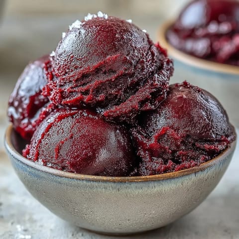 Close-up of glossy, deep purple Black Currant Sorbet in a chilled glass bowl.