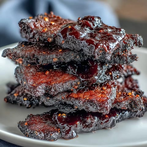 Thin strips of Black Currant Smoky Jerky are marinated in tangy barbecue sauce and smoked over cherry wood for a savory finish.