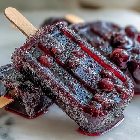 Homemade Black Currant Popsicles with vibrant purple hue, studded with whole berries and resting on ice, a refreshing frozen summer dessert.