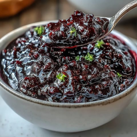 Black Currant Reduction sauce simmering in a saucepan with red wine, fresh currants, and thyme for a French-inspired glaze.