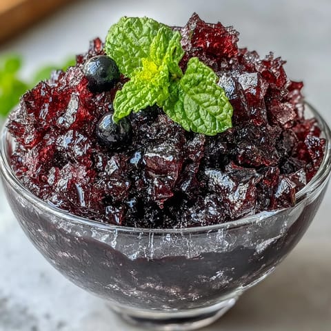 A close-up view of vibrant Black Currant Granita in a chilled glass, showing its shimmering, ruby-colored ice crystals and fresh mint garnish.