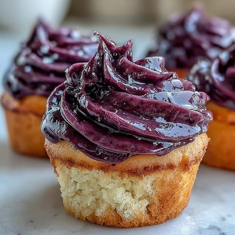 Twelve tender olive oil cupcakes topped with swirls of tangy black currant frosting and lemon zest.