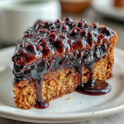 Moist slices of peanut butter cake drizzled with luscious black currant sauce on a dessert plate.