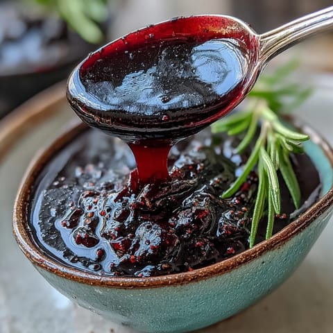 Fragrant steam rises from a small saucepan of simmering Black Currant and Rosemary Reduction, ready to drizzle.