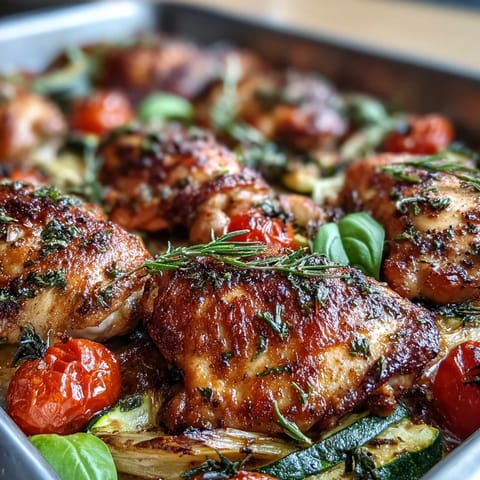 Sheet pan chicken with zucchini and cherry tomatoes, roasted to golden perfection and bursting with fresh spring flavors.
