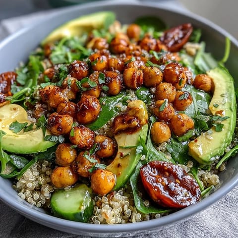 Vibrant lemon vinaigrette grain bowls with roasted chickpeas, fresh veggies, and creamy avocado for a healthy, plant-based meal.  