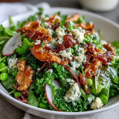 A vibrant spring green salad with honey mustard dressing, topped with crunchy toasted almonds and fresh herbs.