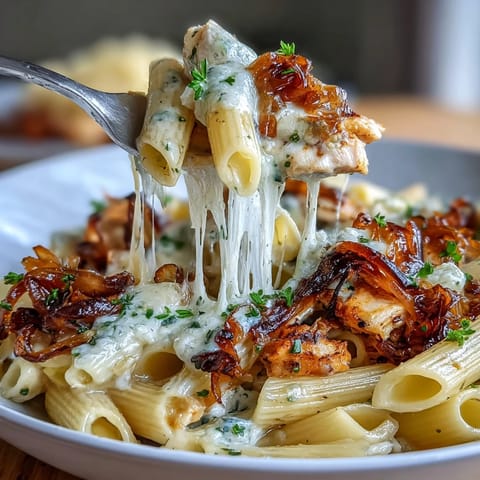 A creamy one-pot French onion chicken pasta with caramelized onions and melty Gruyère cheese, served hot and bubbling.