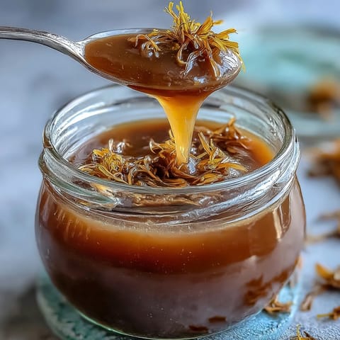 Bright, golden dandelion jelly with lemon zest and honey, perfect for spreading on warm toast or biscuits.