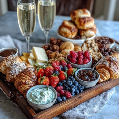 Elegant Mothers Day brunch board with flaky croissants, fresh berries, and sparkling mimosas for a festive morning celebration.