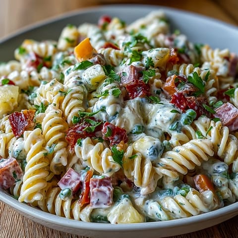 A colorful Hawaiian pasta salad with ham, pineapple, and ranch dressing, perfect for summer gatherings.  