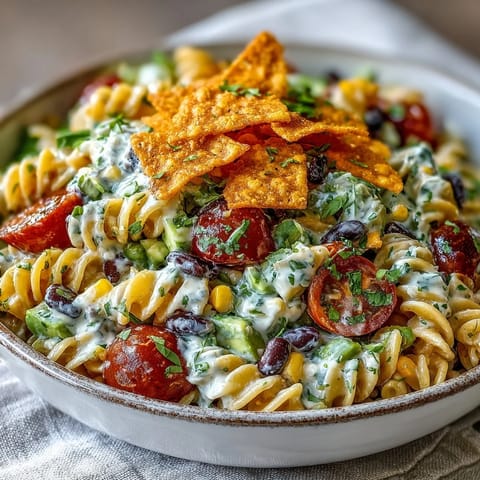 Vibrant taco pasta salad with rotini, black beans, corn, and avocado, tossed in creamy taco dressing and topped with cheddar cheese.  