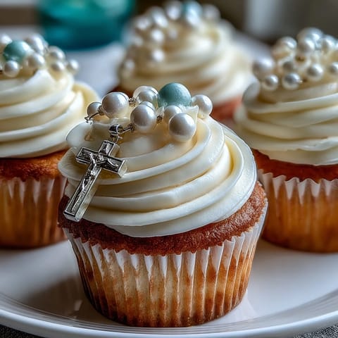 Adorable mini vanilla cupcakes decorated with delicate buttercream swirls and fondant rosary toppers, ideal for First Communion celebrations.
