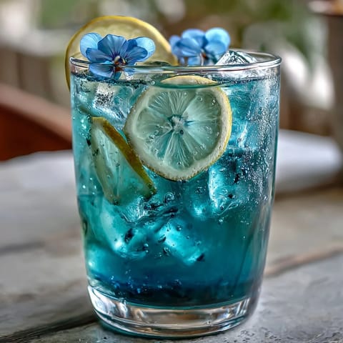 Refreshing color-changing butterfly pea flower lemonade with vibrant blue and purple hues in clear glasses with ice and lemon slices.