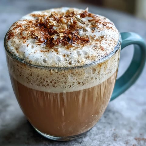 Creamy dandelion tea latte with oat milk and vanilla, frothed to perfection for a cozy vegan drink.
