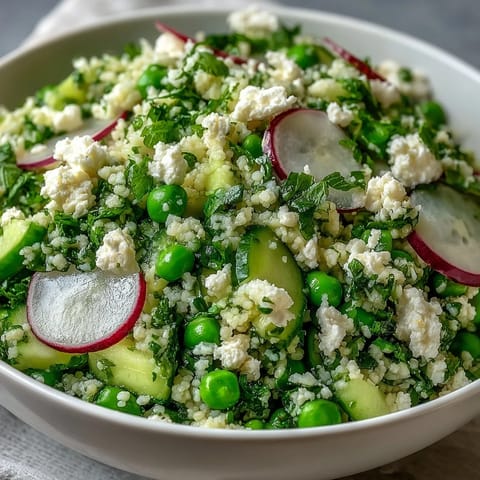 Vibrant Spring Pea and Mint Couscous Salad with fresh herbs and crisp vegetables in a zesty lemon dressing.  