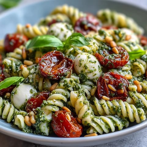 Summer Pasta Salad with Pesto, Cherry Tomatoes, and Mozzarella—vibrant fusilli tossed with creamy mozzarella, juicy cherry tomatoes, and fresh basil pesto.