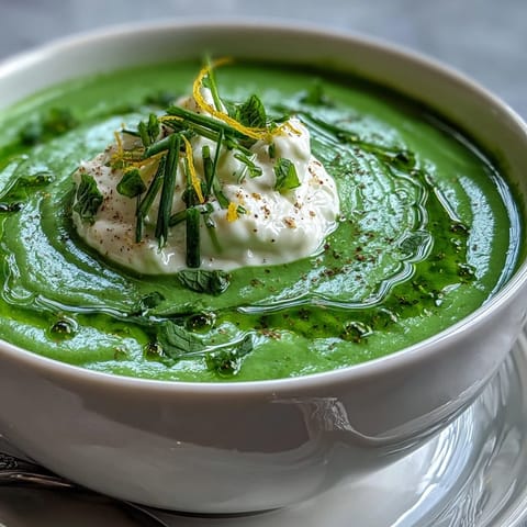 Spring pea soup with whipped ricotta, a vibrant bowl topped with creamy goodness.