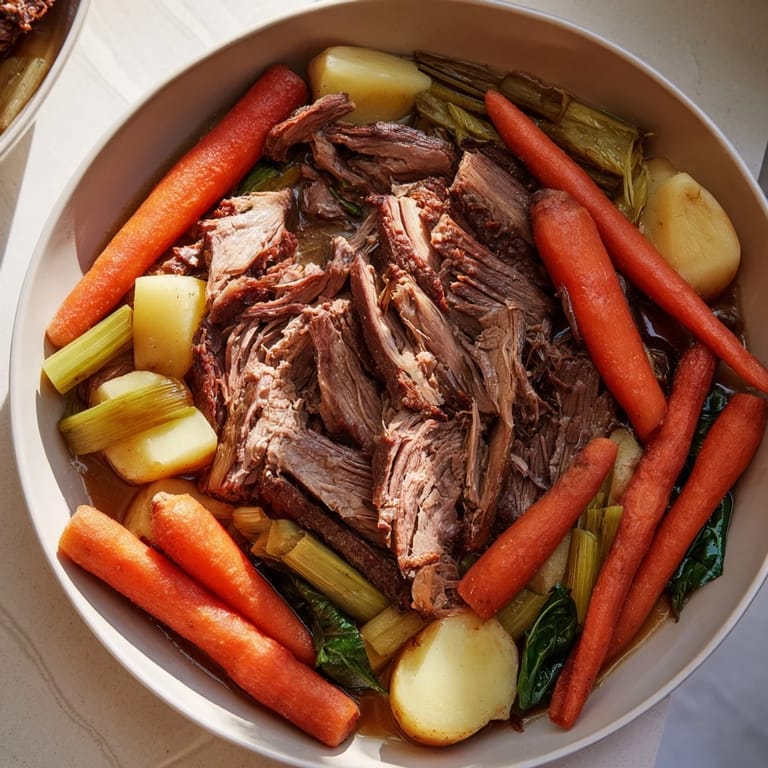 Savor the aroma: A hearty Slow-Roasted Beef Pot Roast with juicy beef and savory vegetables.