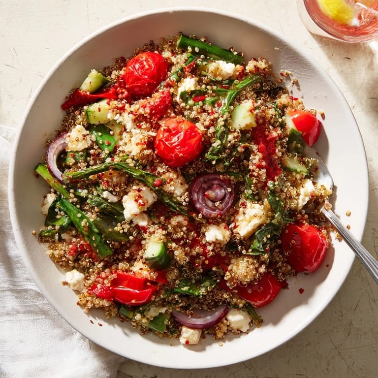 A close-up of a flavorful Mediterranean Grain Bowl, featuring golden roasted chickpeas and crumbled feta cheese.
