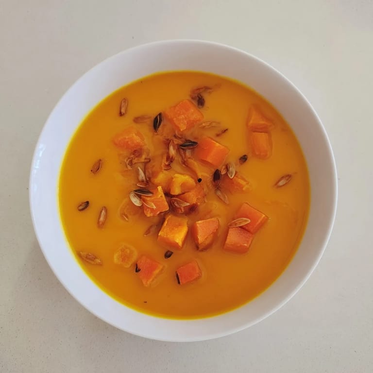 Aromatic creamy roasted pumpkin soup, perfect for fall, garnished with crunchy toasted pepitas.