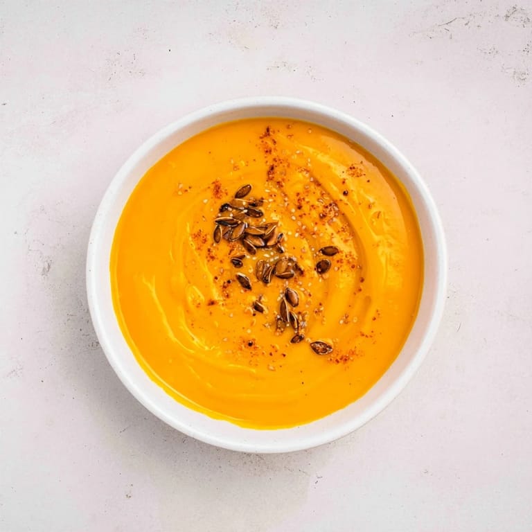 Thick and velvety creamy roasted pumpkin soup, served hot, with a topping of savory seeds.