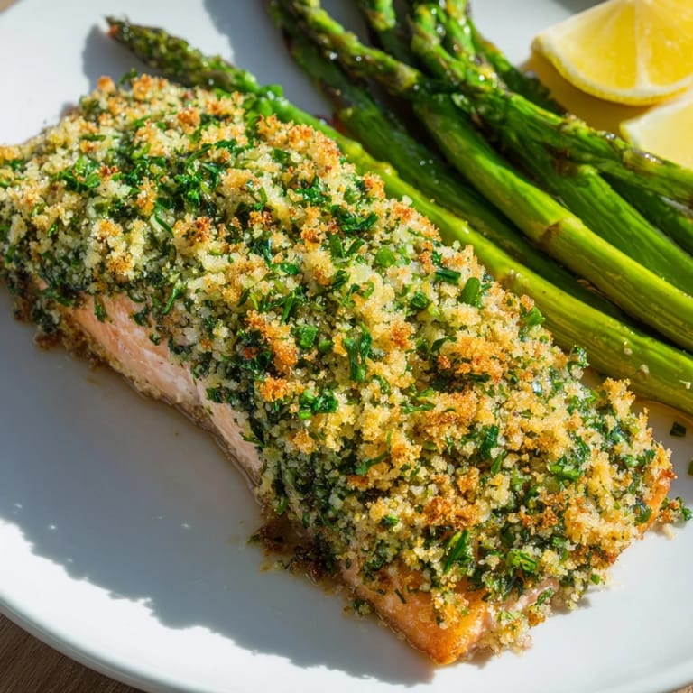A close-up of delicious Easy Herb-Crusted Salmon and asparagus: simple, fast, and flavorful meal.
