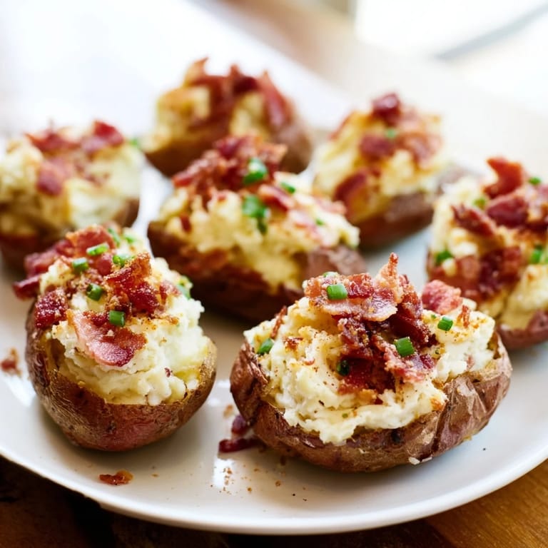 Delicious and colorful Loaded Sweet Potato Skins, a gluten-free snack with savory bacon and chives.