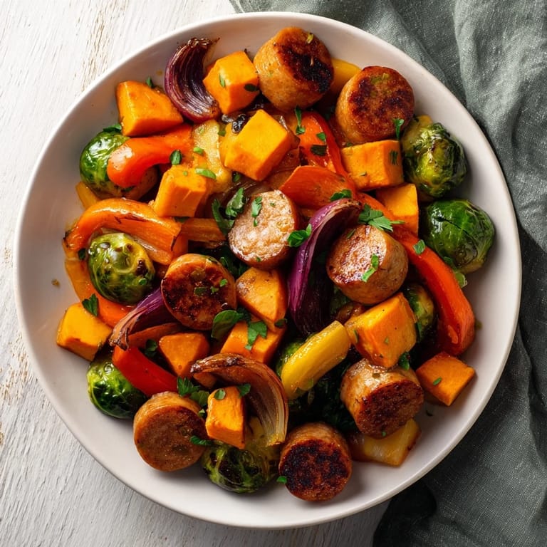 Vibrant image of the Hearty Sheet Pan Sausage and Autumn Veggie Medley, featuring tender veggies and juicy sausage.