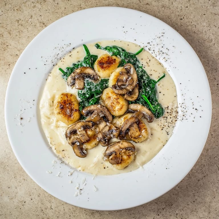 Tender mushrooms and spinach enveloping potato gnocchi in this easy One-Dish Creamy Mushroom and Spinach.