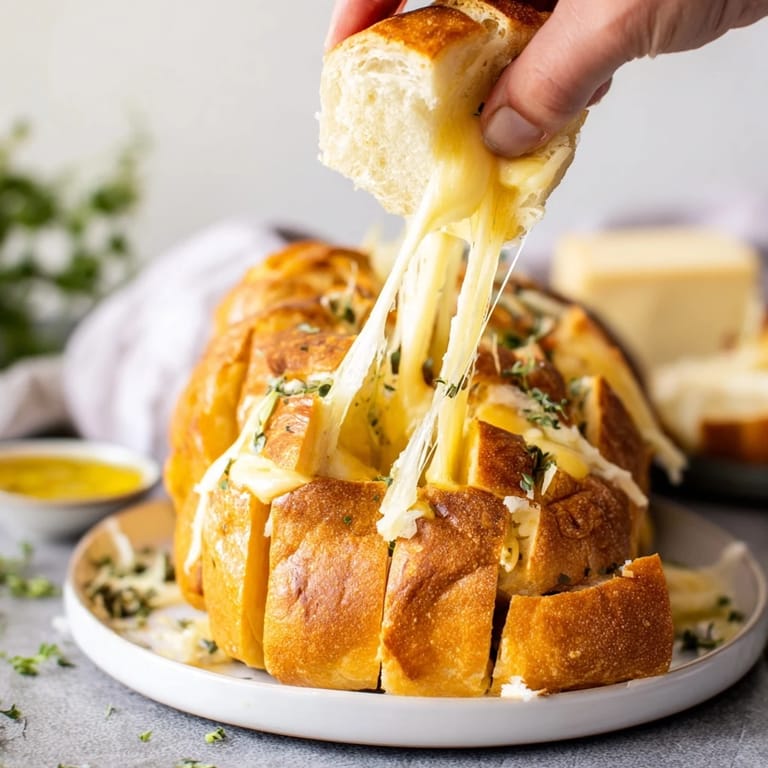 Close-up photo of warm, aromatic Cheesy Garlic Pull-Apart Bread, showcasing its buttery, cheesy goodness.