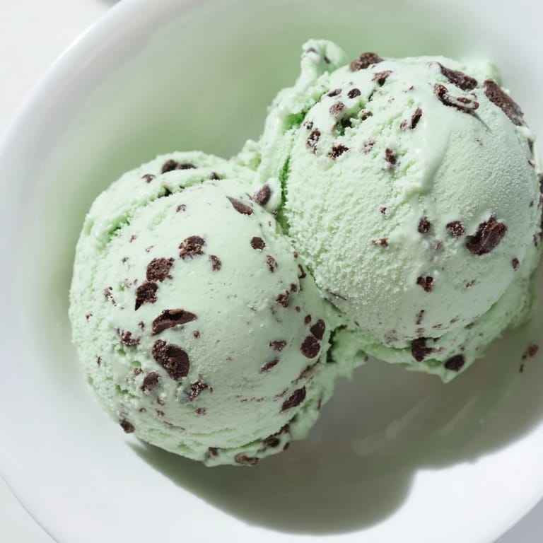 Scoop of decadent Mint Chocolate Chip Ice Cream, with visible chocolate chips, a cooling summer delight.