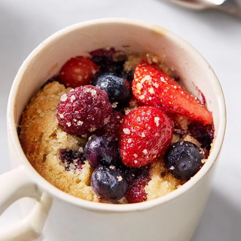 Enjoy a close-up of this delicious, easy Mixed Berry Cobbler Mug Cake, a vibrant, microwaved treat.