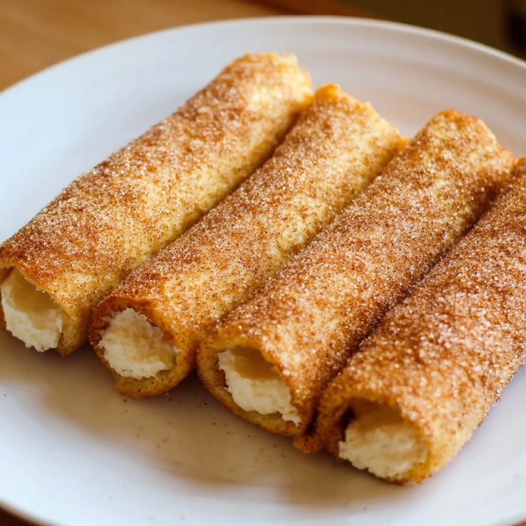 A close-up of delicious Easy French Toast Roll-Ups shows the sweet, creamy filling and crispy edges.