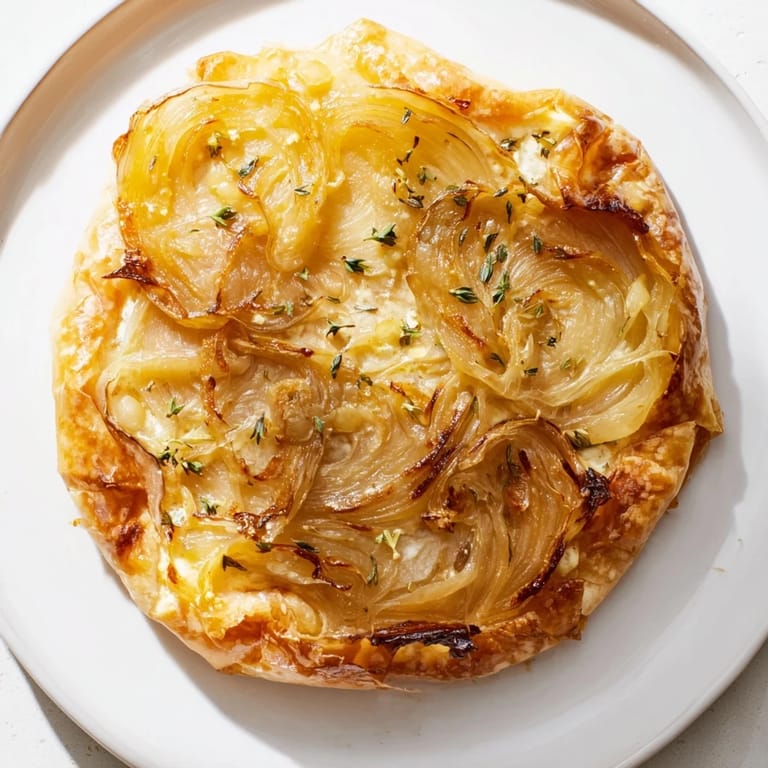 Warm, rustic Caramelized Onion Tart with bubbly cheese and a savory, irresistible aroma.