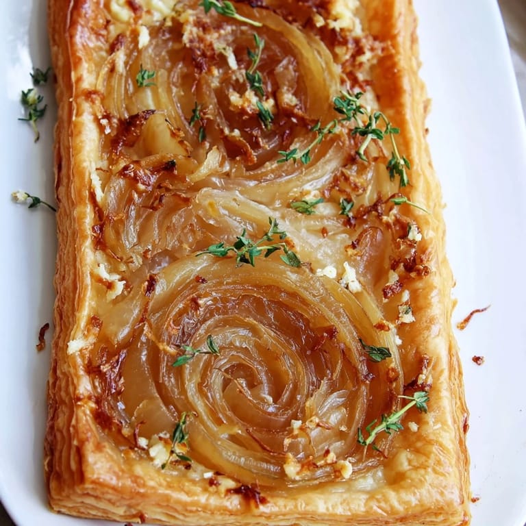 Fresh thyme and Gruyère top a golden Caramelized Onion Tart, ideal for a French appetizer.