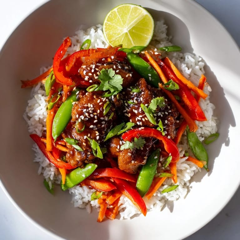 A delicious Sesame Ginger Rice Bowl, showcasing perfectly cooked chicken atop fluffy rice with a savory sauce.