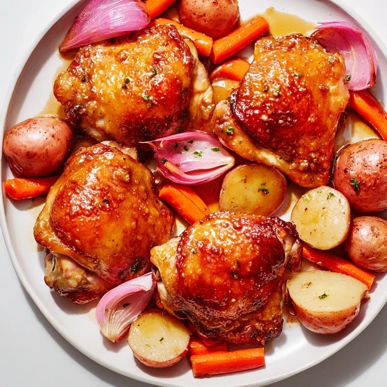 Sheet pan of beautifully glazed Maple Dijon Chicken Thighs, perfectly roasted alongside colorful root vegetables.