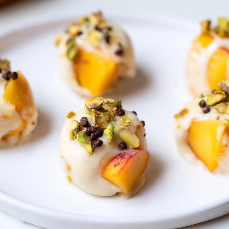 Vibrant photo of frozen, refreshing Peach Yogurt Bites, a perfect summer treat, with visible peach pieces.