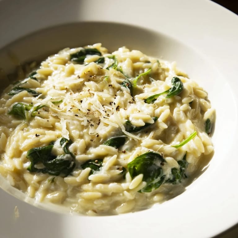 Enjoy a steaming bowl of creamy spinach orzo, rich with Parmesan, perfect for a cozy dinner.