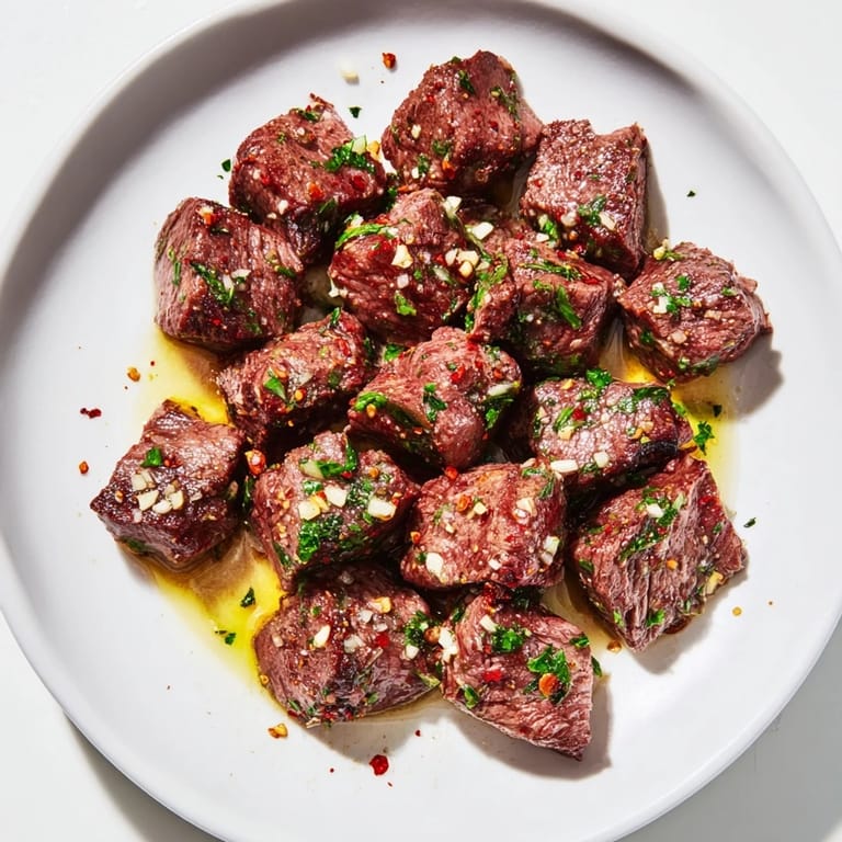 Close-up of tender Garlic Butter Steak Bites, perfectly seared, and ready for your dinner plate.