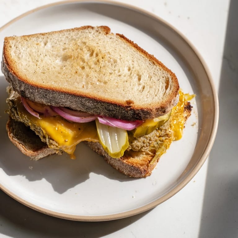 View of a delicious Smashed Burger Grilled Cheese; a savory burger nestled inside buttery, toasted bread.