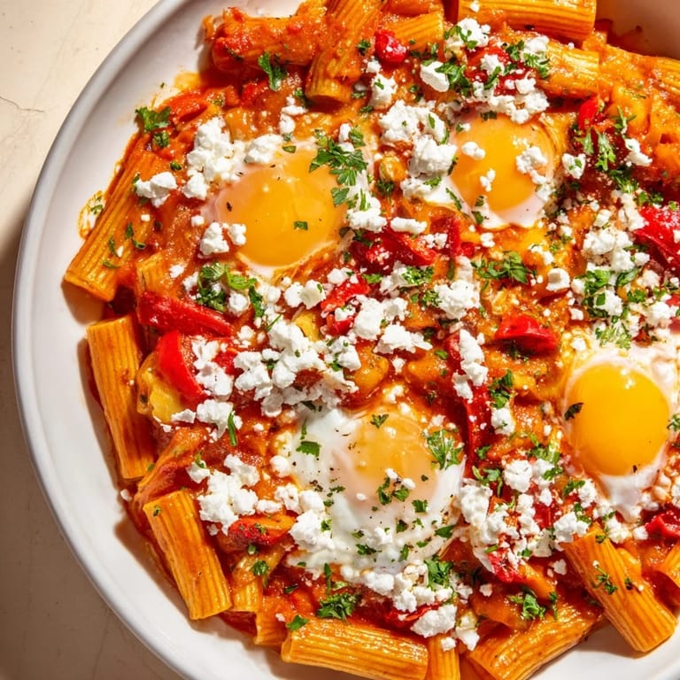 Hearty and flavorful Quick Shakshuka Pasta, featuring perfectly cooked eggs nestled in a vibrant tomato sauce.