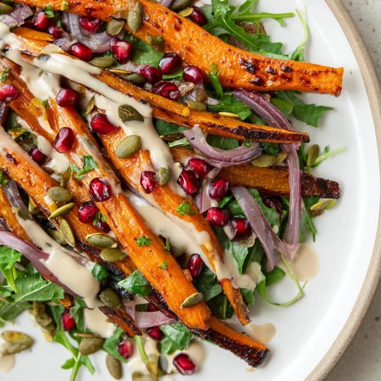 This Roasted Carrot Salad has caramelized carrots with a tangy, flavorful tahini dressing.