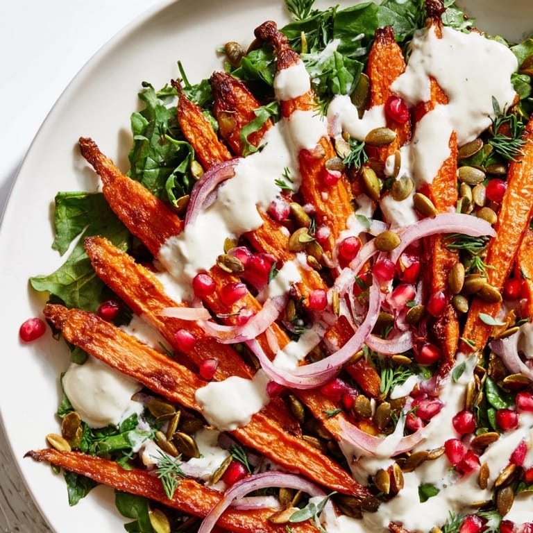Fresh mixed greens topped with colorful Roasted Carrot Salad, perfect for a light, healthy meal.