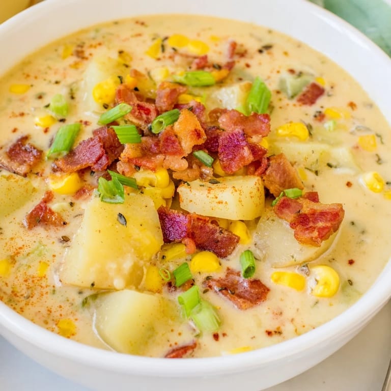 Hearty Corn Chowder, boasting a rich, flavorful broth filled with sweet corn and tender potatoes, ready to eat.