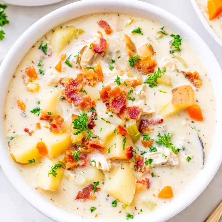 Fresh parsley garnishes a bowl of New England Clam Chowder; a comforting, classic seafood soup.